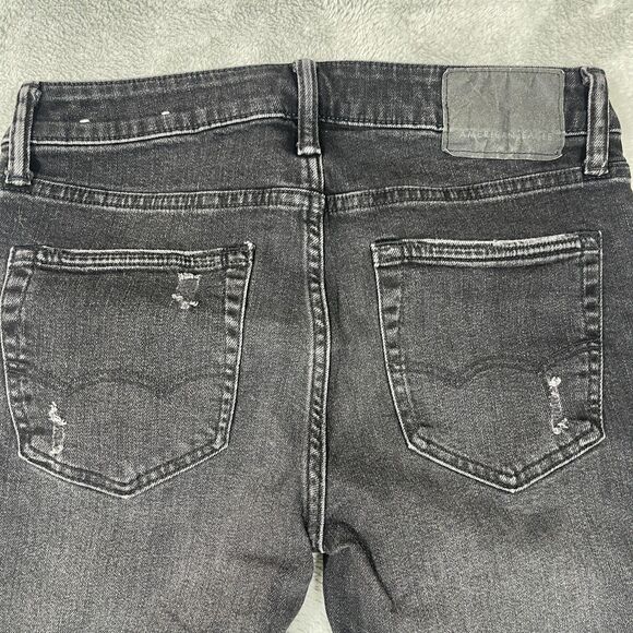 American Eagle Outfitters Mens 30x34 Black Denim Stretch Distressed Straight Leg - Picture 6 of 13